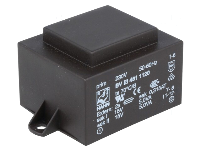 Transformator: ingegoten; 10VA; 230VAC; 15V; 15V; 333mA; 333mA; PCB Transformator: ingegoten; 10VA; 230VAC; 15V; 15V; 333mA; 333mA; PCB